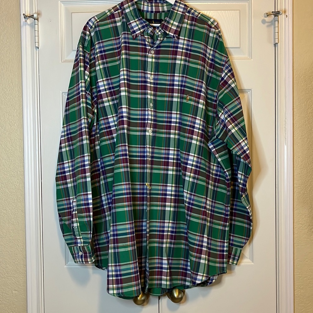 Mens Ralph Lauren green plaid button down shirt.